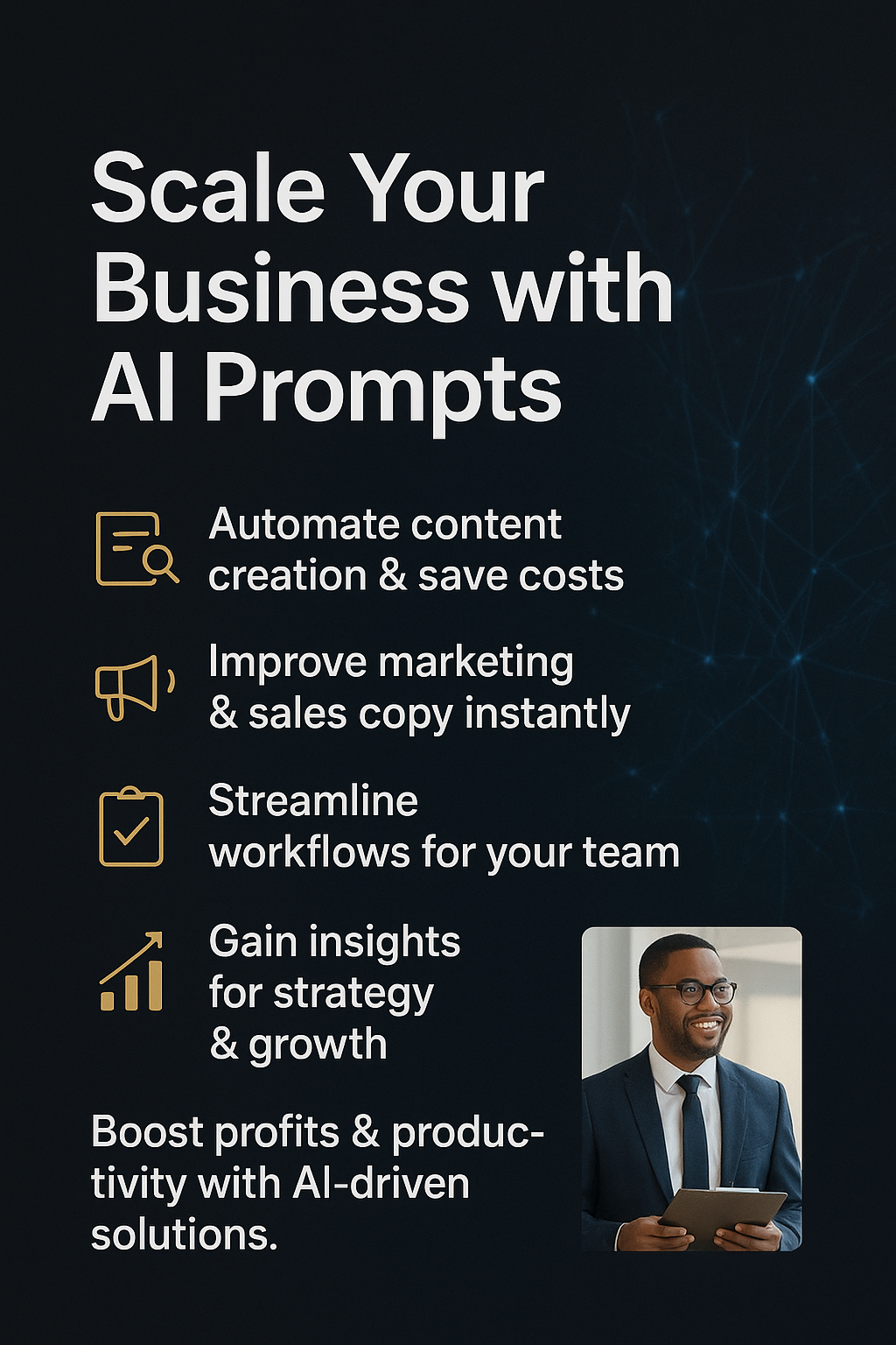 Promotional graphic for scaling a business with AI prompts, featuring text and a person holding a tablet.